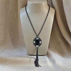Long Art Deco Style Tassel Pendant Necklace - Black & Gunmetal